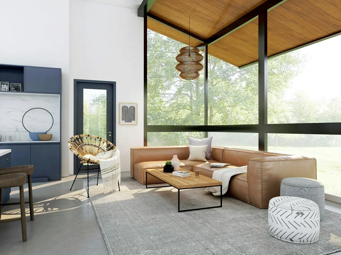 Sofa module tông nâu sáng kèm đôn