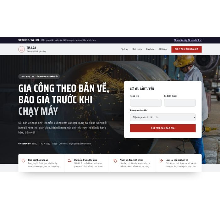 Ảnh chụp Mẫu giao diện xưởng cơ khí & gia công — Tập trung chuyển đổi | WZ-690