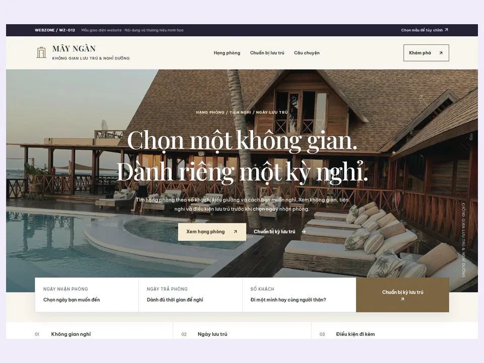 Ảnh xem trước mẫu giao diện đặt phòng do Webzone xây dựng, có lựa chọn ngày và số khách