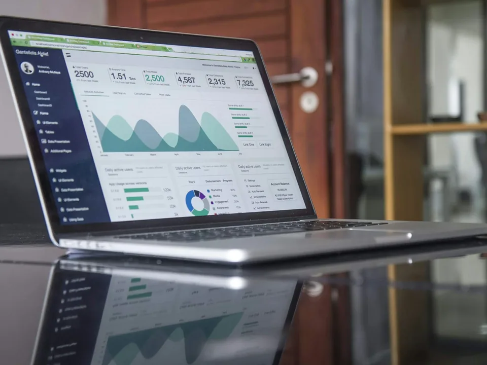 Máy tính và các biểu đồ phân tích, minh họa công việc kiểm tra hiệu quả website